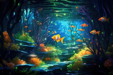 goldfish swimming in the blue water with clear water