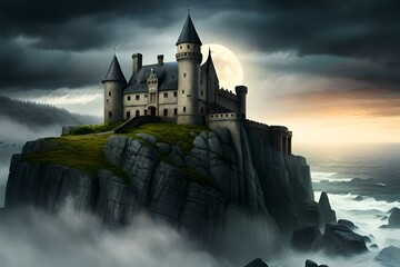 A haunted Halloween castle, perched on a jagged cliff, surrounded by swirling mist and ominous storm clouds, with broken windows  glimpses of ghostly figures within