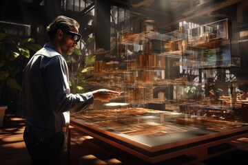 architecture simulator innovation hologram project on table, Generate with Ai