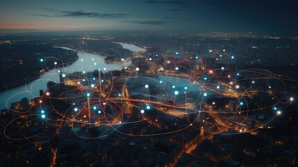 big city at night with network lines connected to satellites, cityscapes, circular shapes, industrial photography