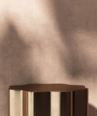 Smooth gold steel flower shape podium table in dappled sunlight, leaf shadow on blank stucco...