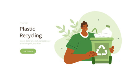 Climate change and sustainability. Character holding garbage bin with plastic trash inside to prevent environmental pollution. Sustainable living concept. Vector illustration.