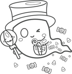 Cute Ghost Halloween Party Decoration Cartoon Coloring Pages for Kids and Adult