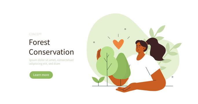 
Climate change and sustainability. Character showing benefits of forest conservation for environmental pollution reduction. Sustainable living concept. Vector illustration.