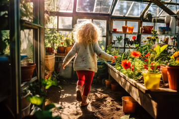 Mädchen erkundet neugierig Gewächshaus, verkörpert die Verbindung der jungen Generation und der Natur, Nachhaltigkeit, biologischer Anbau und natürliche Schönheit. AI-Generiert