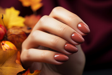 perfect autumn color manicure close up, nail salon ad - obrazy, fototapety, plakaty
