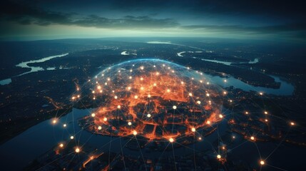 big city at night with network lines connected to satellites, cityscapes, circular shapes, industrial photography - obrazy, fototapety, plakaty