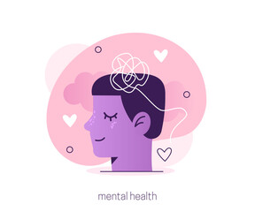 
Mentality. Character take care of mentality and learn self accepting. Mental health and psychotherapy concept. Vector illustration.