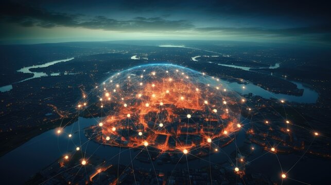 big city at night with network lines connected to satellites, cityscapes, circular shapes, industrial photography