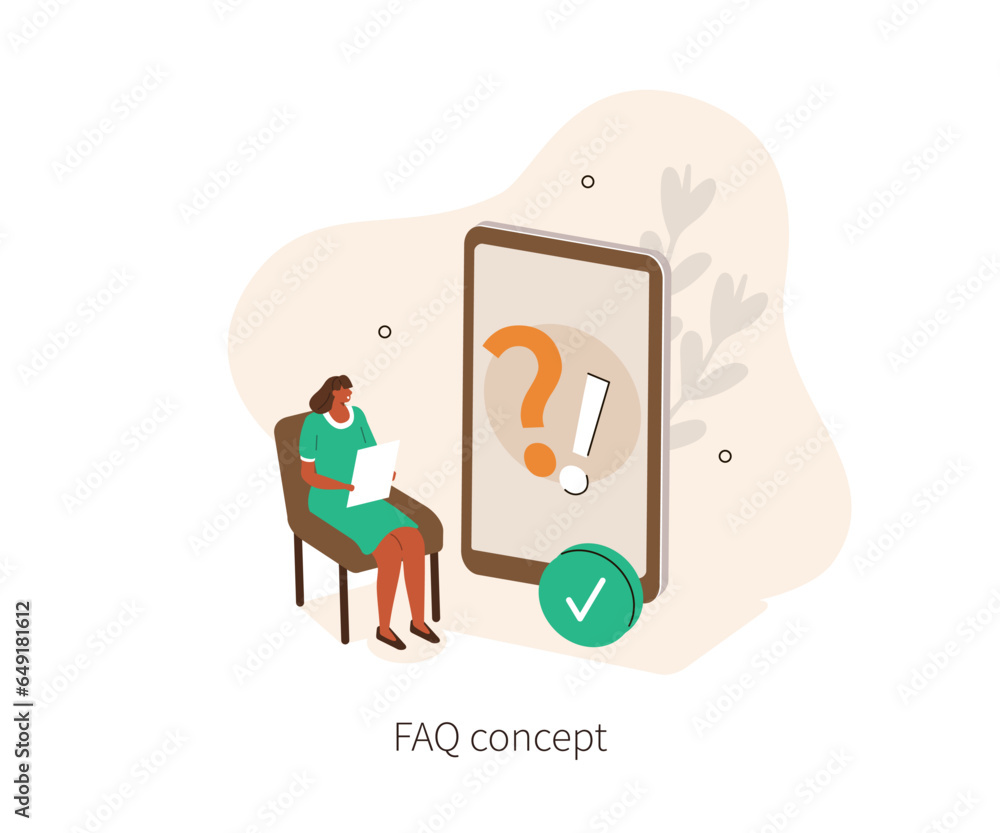 Poster frequency asked questions. character asking for question to online helpdesk service. feedback and re
