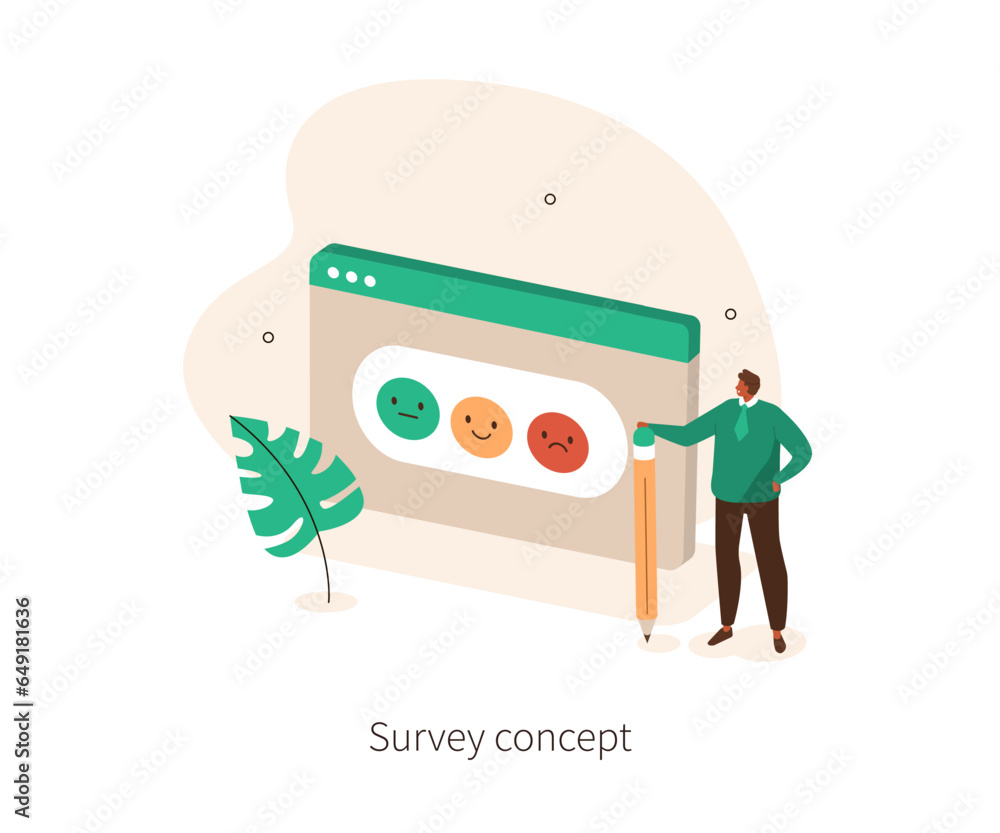 Poster survey. character choosing emoji on rating scale to show customer satisfaction. feedback and review 