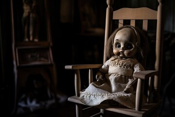 Scary doll in rocking chair - obrazy, fototapety, plakaty