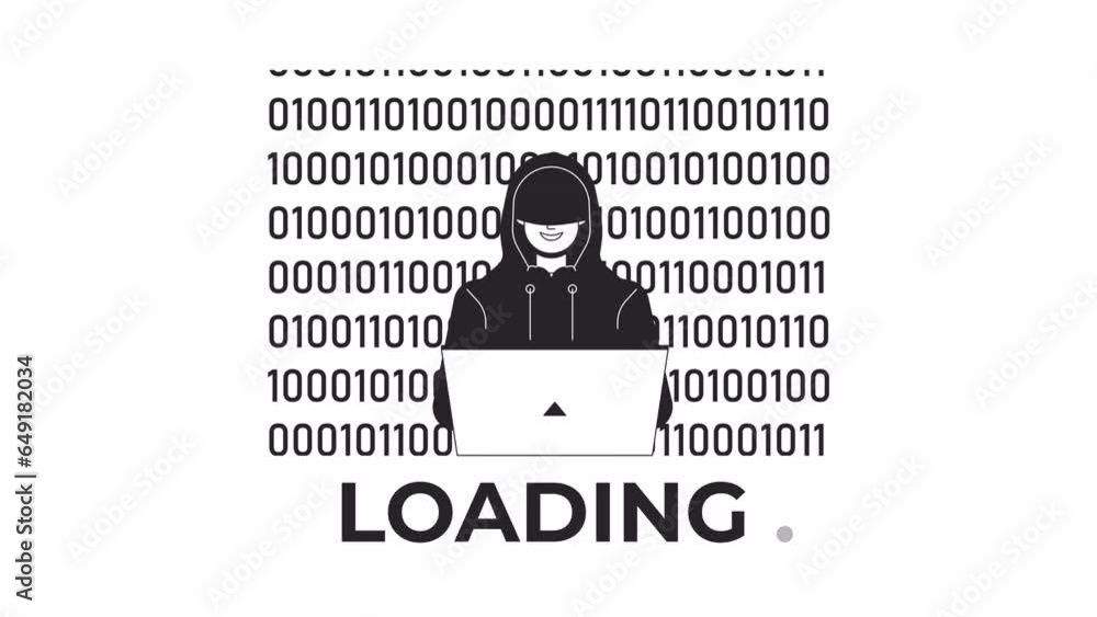 Poster hacker binary code bw loading animation. malware detection. dark web user outline 2d cartoon charact