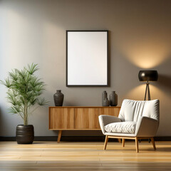 Leerer Bilderrahmen an einer weißen Wand in einem stilvoll möblierten Zimmer - zeitgemäßes Innendesign für modernen Wohnstil. - AI Generiert