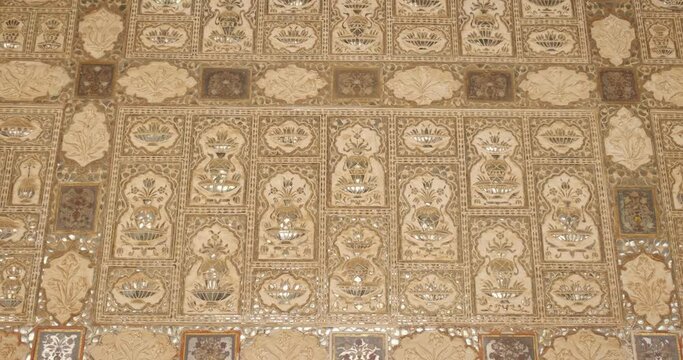 Exterior of the Wall and the canopy of the Mirror Room Inside Sheesh Mahal in Amer (Amber) Palace complex. Amer, Rajasthan, India. Vertical camera pan