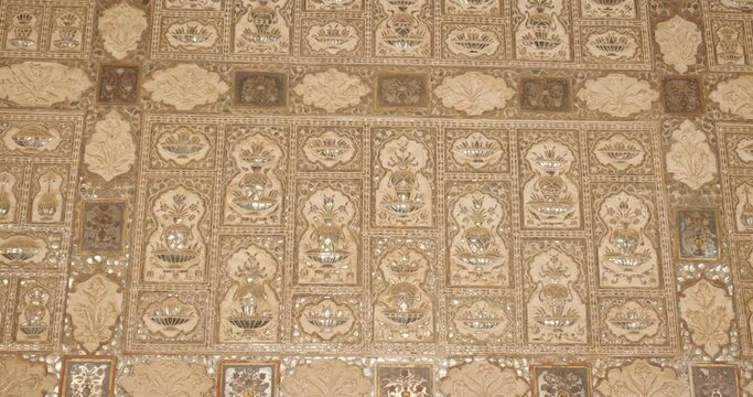 Exterior of the Wall and the canopy of the Mirror Room Inside Sheesh Mahal in Amer (Amber) Palace complex. Amer, Rajasthan, India. Vertical camera pan