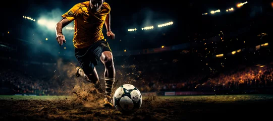 Fotobehang panorama of soccer player kicking towards goal in football stadium at night © xavier gallego morel