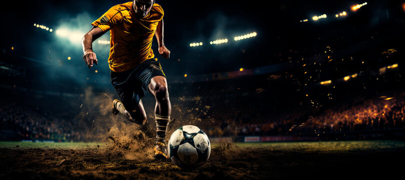 Fototapeta panorama of soccer player kicking towards goal in football stadium at night