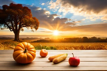Thanksgiving With Pumpkins Apples And Corncobs On Wooden Table With blurry sky Sky and trees in  Background