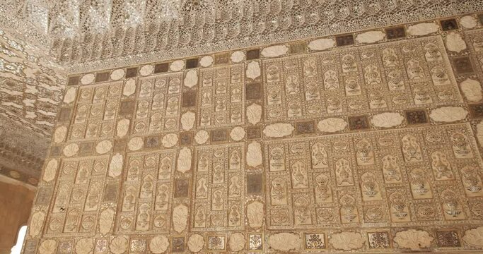 Exterior of the Wall and the canopy of the Mirror Room Inside Sheesh Mahal in Amer (Amber) Palace complex. Amer, Rajasthan, India. Horizontal camera pan