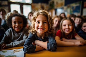 Obraz premium Joyful Primary School Children Engaged in Learning, Smiling and Sitting at Desks in Classroom. created with Generative AI