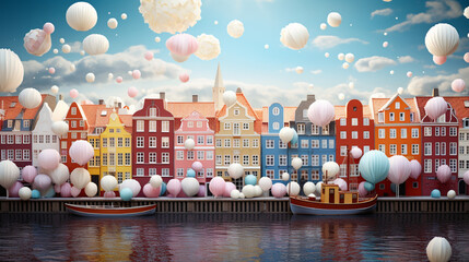 Easter holiday and sunny day in Copenhagen Denmark wallpaper in paper art and craft design concept and animation with egg. Created using generative AI. - obrazy, fototapety, plakaty