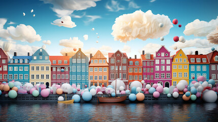 Easter festival wallpaper in paper art and craft design concept with Copenhagen Denmark background and egg. Created using generative AI. - obrazy, fototapety, plakaty