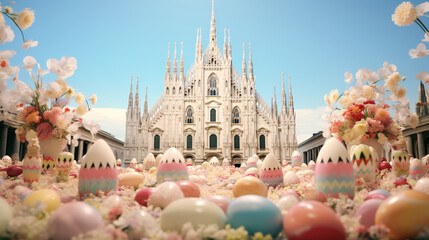 Naklejka premium Duomo MIlan in Easter festival theme background with egg in paper art and craft design concept. Created using generative AI.