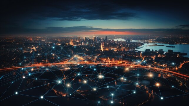 big city at night with network lines connected to satellites, cityscapes, circular shapes, industrial photography