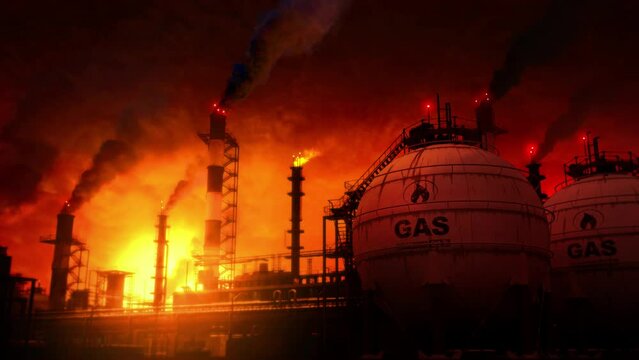 dramatic liquid gas or gasoline - LNG massive industry at sunrise, fictive - loop video