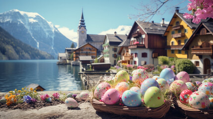 Hallstatt Village in Easter festival theme background with egg in paper art and craft design concept. Created using generative AI. - obrazy, fototapety, plakaty