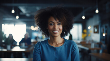 Young black businesswoman with curly hair smiling at the camera - obrazy, fototapety, plakaty