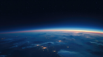 Aerial night skyline: View of outer space, earth and horizon