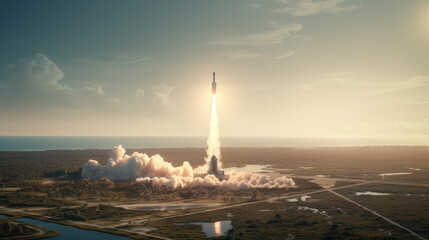 Launch to the limit: Propelling a rocket into the vast blue sky amidst majestic clouds and sunlight