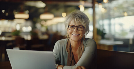 Caucasian woman enjoying remote work at a cheerful cafe with coffee and laptop