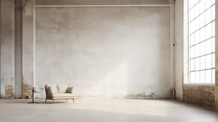 Sunlit minimalist interior with spacious empty room: Soft minimalism and japandi design