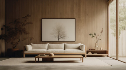 Fototapeta na wymiar Minimalist japandi-inspired interior design with monochromatic artwork and soft minimalism