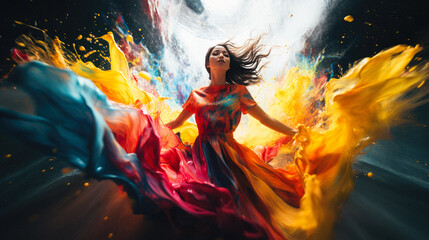 Vibrant splash of colors: Artistic portrait of a beautiful woman in a multicolored dress - obrazy, fototapety, plakaty