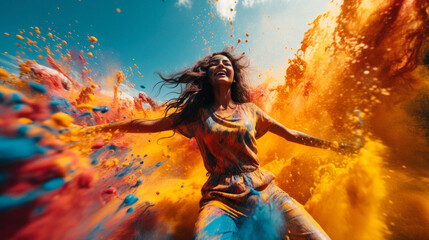 Fun with colours: A vibrant splash of colors and a young woman celebrating holi festival outdoors - obrazy, fototapety, plakaty