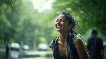 Brunette woman smiling and enjoying a rainy park shower in nature