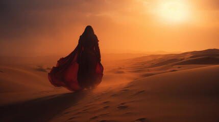 Silhouette of a woman walking towards the sunset in a desert landscape