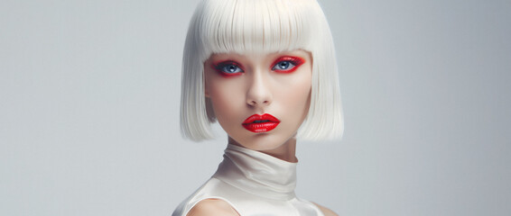 Portrait of a confident Asian woman with red lipstick and a white, bob hairstyle in a studio