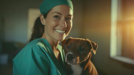 Mature caucasian veterinarian holding pet dog in an animal clinic