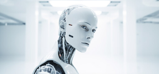 Artificial intelligence: Futuristic humanoid robot standing tall