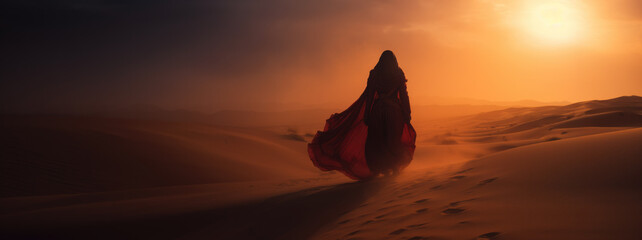Panoramic silhouette view of a woman walking in the sandy desert at sunset
