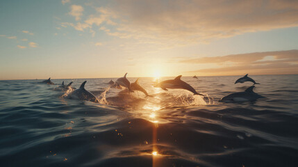 Dolphins jumping in sunlit ocean with the skyline in view and sun flare over the waters
