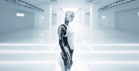 Female humanoid robot: Artificial intelligence cyborg in a white building 