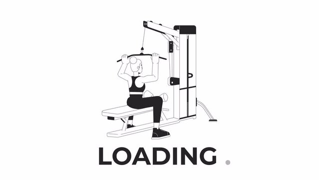 Working out on lat pulldown machine bw loading animation. Woman pulling bar down outline 2D cartoon character 4K video loader motion graphic. Strength workout animated gif isolated on white background
