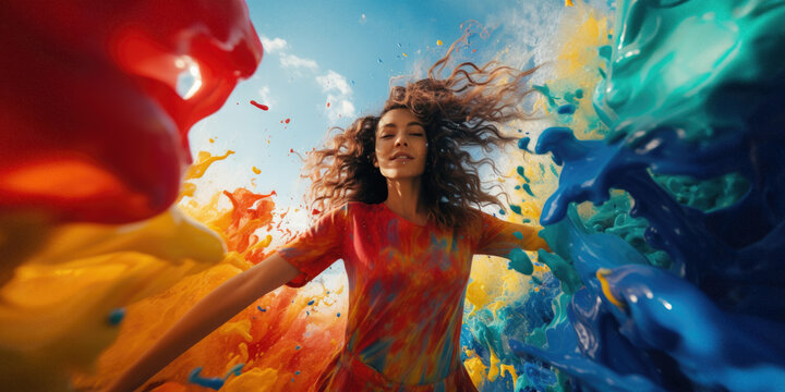 Vibrant celebration of colors: Woman wearing an aesthetic multicolour dress splatter outdoors