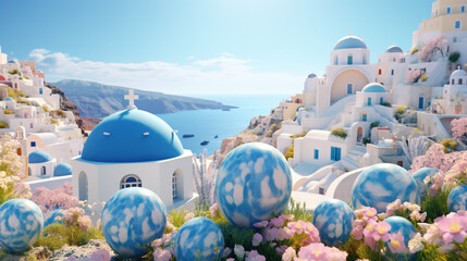 Easter holiday time in Santorini Greece background in paper art and craft design concept. Created using generative AI. - obrazy, fototapety, plakaty
